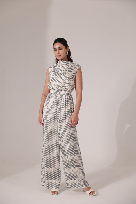Off White Printed Satin Jumpsuit