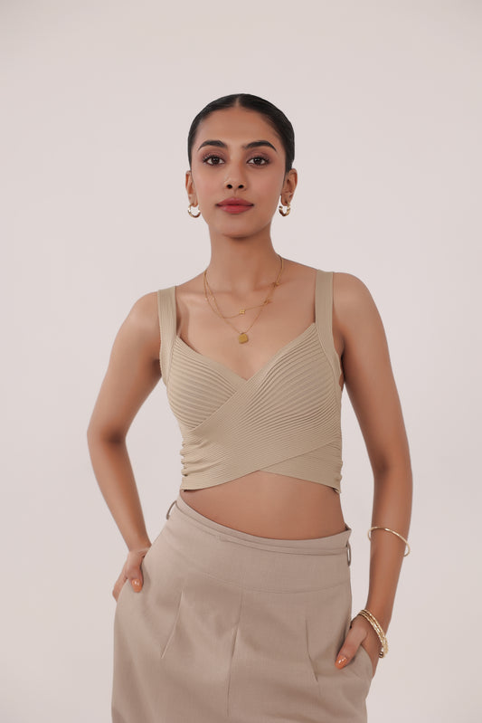Beige Rib Cross Crop Tank Top