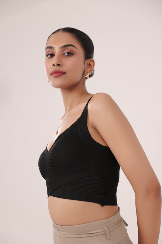 Black Rib Cross Crop Tank Top
