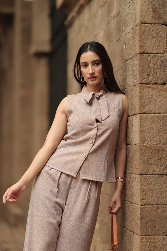 Brown tie-up Neck Co ord set