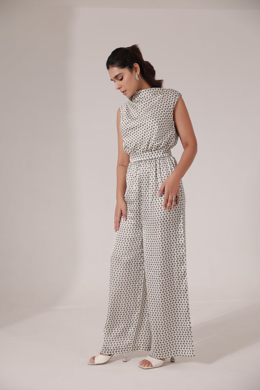Off White Printed Satin Jumpsuit