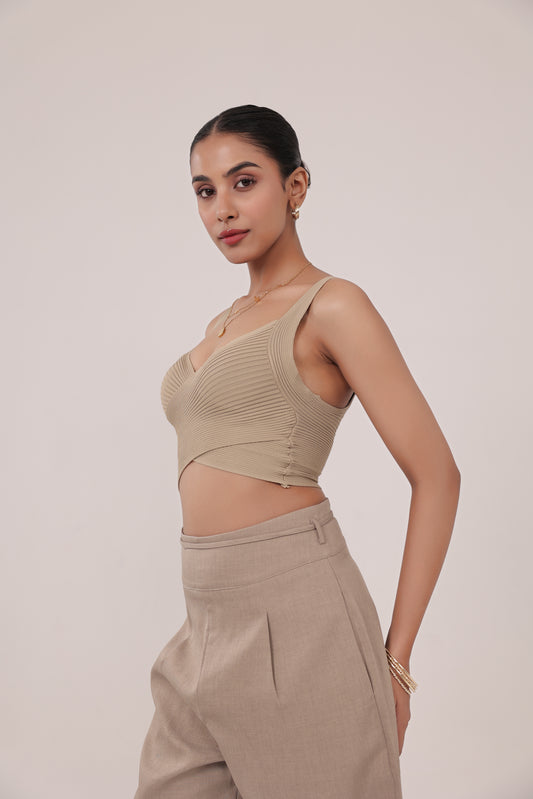 Beige Rib Cross Crop Tank Top
