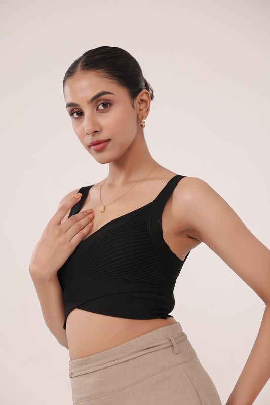 Black Rib Cross Crop Tank Top
