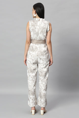 Off White and Brown Printed Belted Jumpsuit1