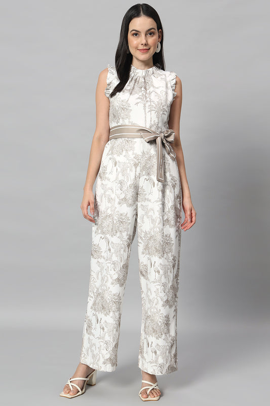 Off White and Brown Printed Belted Jumpsuit5