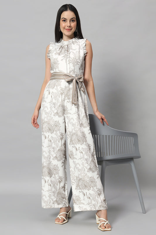 Off White and Brown Printed Belted Jumpsuit