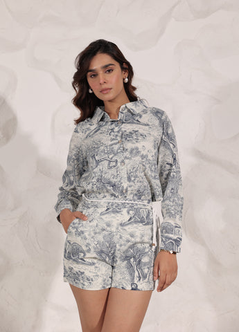 White and Blue Printed Shirt and Shorts Co-Ord Set