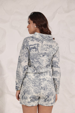 White and Blue Printed Shirt and Shorts Co-Ord Set