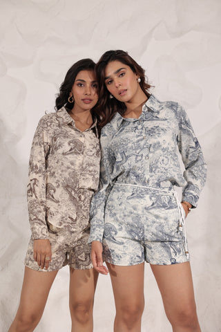 White and Blue Printed Shirt and Shorts Co-Ord Set