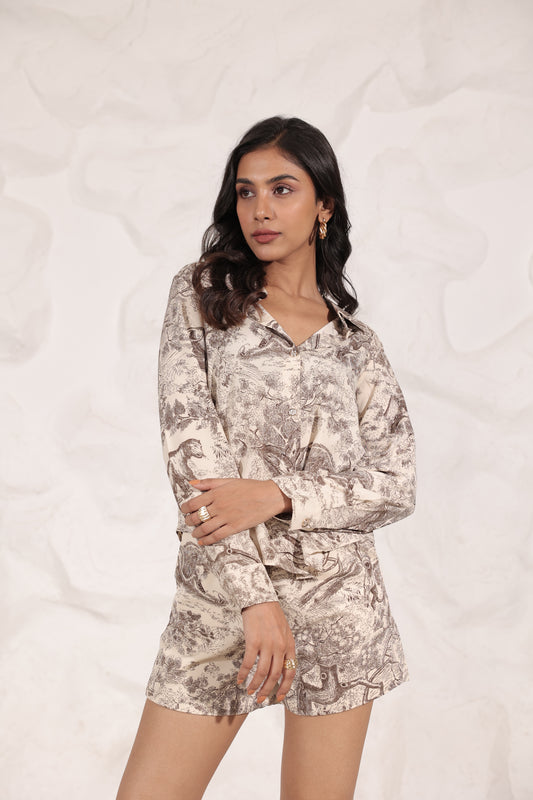 White and Brown Printed Shirt and Shorts Co-Ord Set